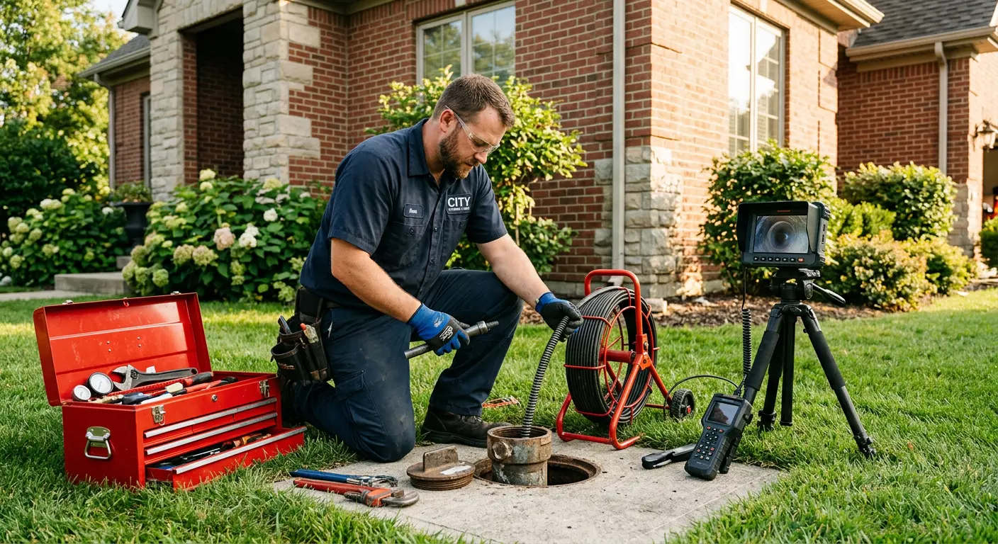 Sewer specialist with camera equipment servicing a cleanout in Richmond