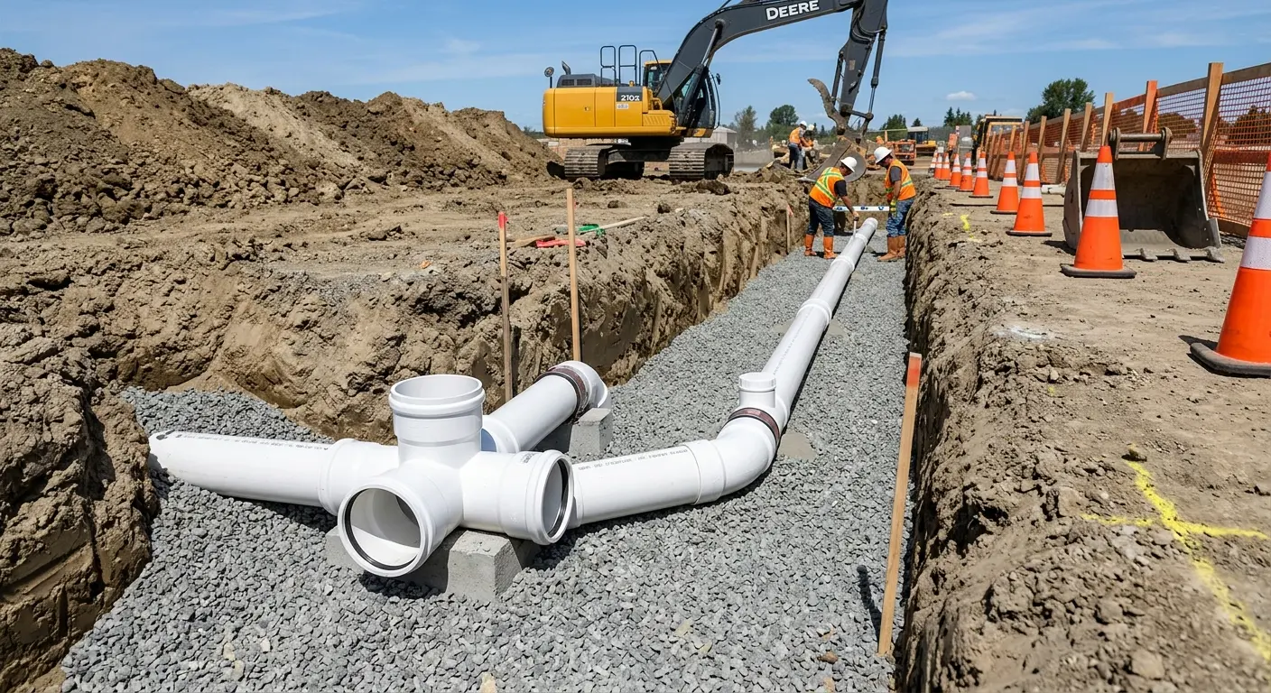 New PVC sewer pipe installation in open trench for Grease Trap Cleaning in Richmond