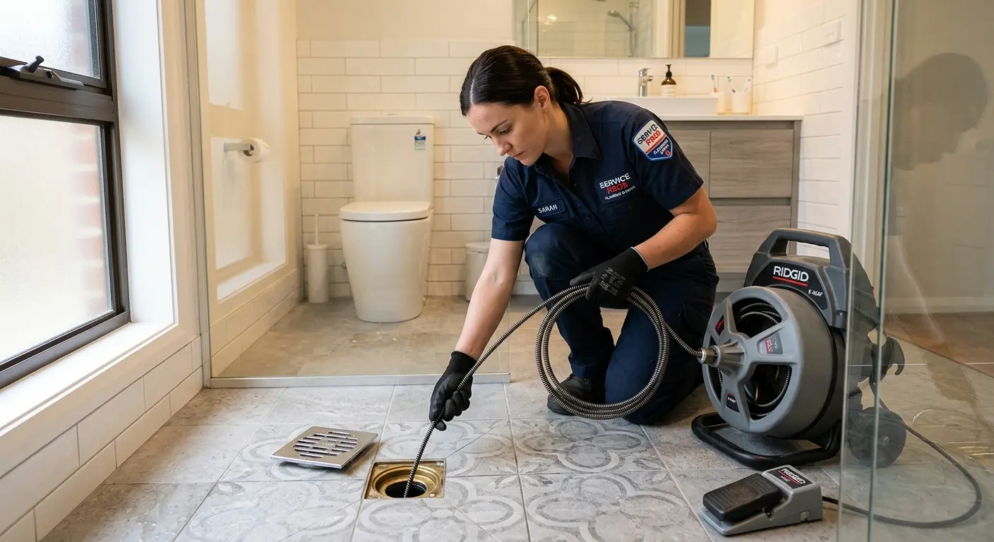 Technician clearing a bathroom floor drain for Sewer Line Installation in Richmond